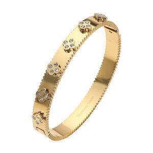 Stainless Steel Quatrefoil Stone Paved Hinged Bangle Bracelet for Women